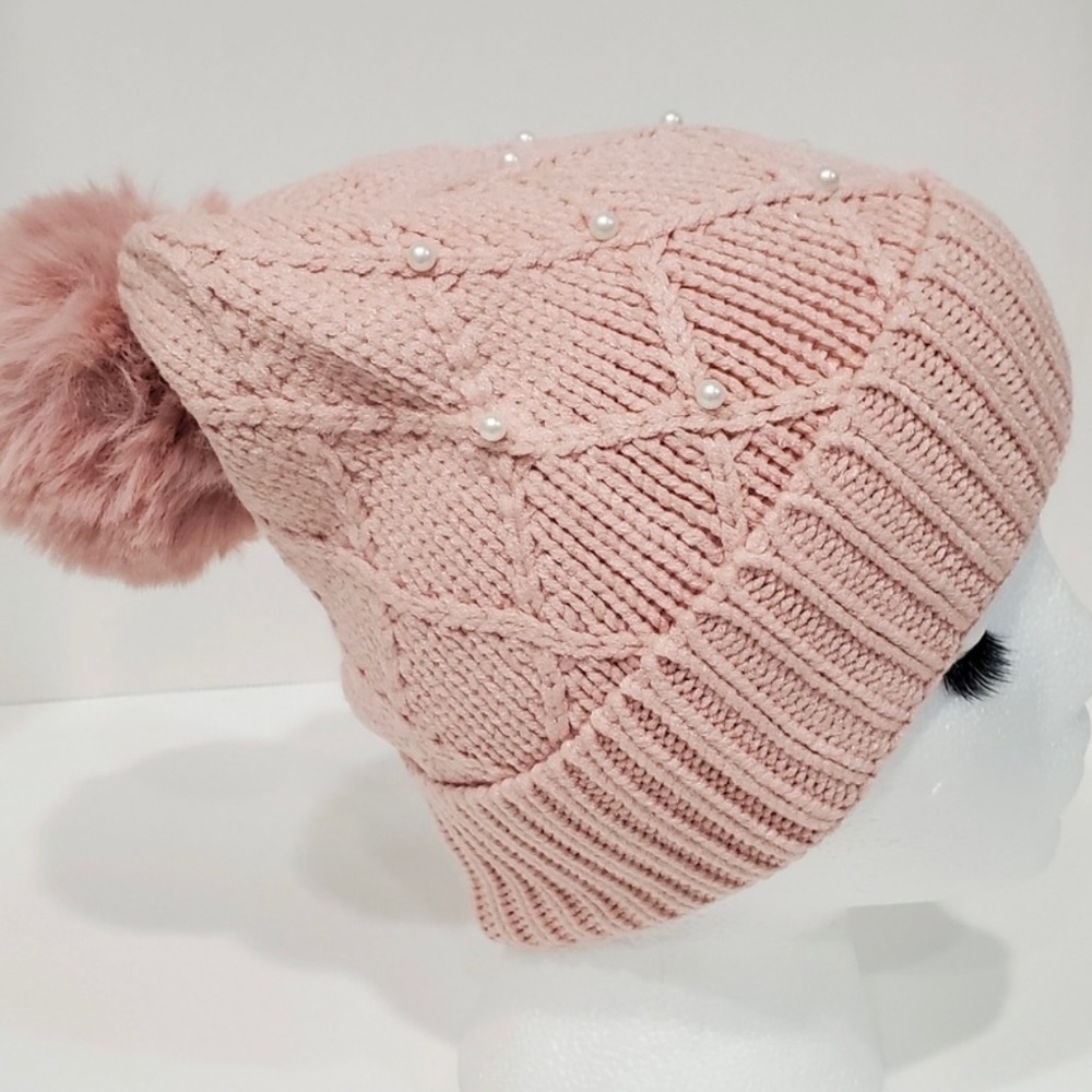 Inc Cable Knit Cap w/ Pink Pom Pom & Pearl Accents - Picture 5 of 6
